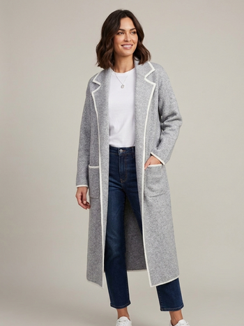 MABLE Long Open Front Knit Cardigan with Contrasting Trim in Heather Grey