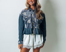 Load image into Gallery viewer, Mystree Mineral Washed Mixed Media with Floral Embroidery Jacket in Washed Black
