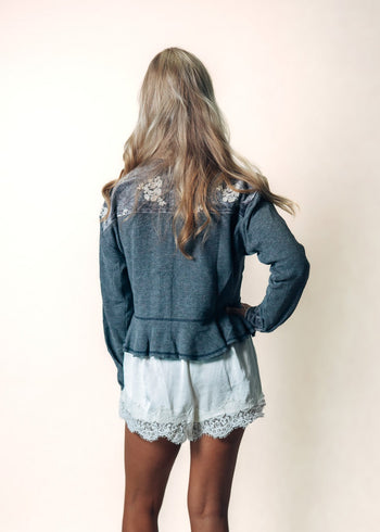 Mystree Mineral Washed Mixed Media with Floral Embroidery Jacket in Washed Black