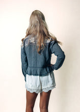 Load image into Gallery viewer, Mystree Mineral Washed Mixed Media with Floral Embroidery Jacket in Washed Black
