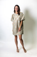 VOY Beaded Neckline Geometric Velvet Jacquard Dress in Taupe