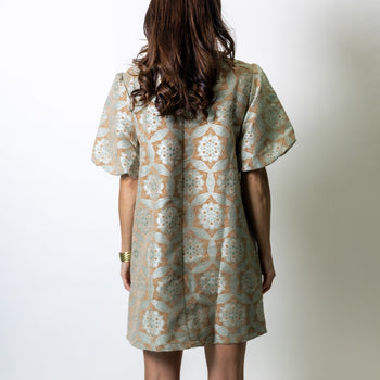 VOY Beaded Neckline Geometric Velvet Jacquard Dress in Taupe