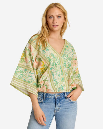 Mystree Border Print Front Wrap Kimono Top in Light Green Mix