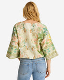 Mystree Border Print Front Wrap Kimono Top in Light Green Mix