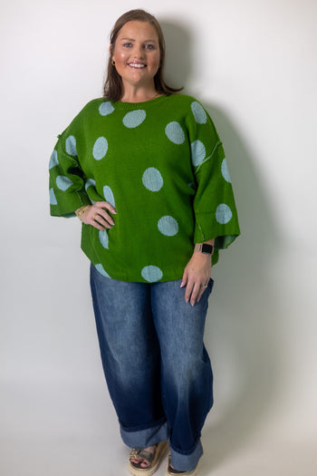 Easel Contrasting Polka-Dot Print Sweater in Green