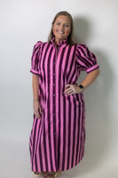 Entro Contrasting Stripe Button Front Midi Dress in Plum Pink