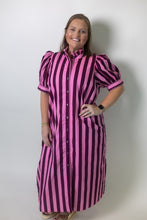 Load image into Gallery viewer, Entro Contrasting Stripe Button Front Midi Dress in Plum Pink
