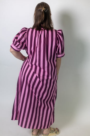 Entro Contrasting Stripe Button Front Midi Dress in Plum Pink