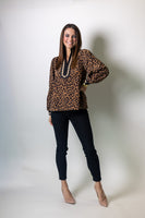 Jodifl Scallop Trim Knit and Lace Accent Leopard Corduroy Top in Taupe
