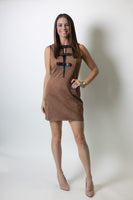FATE Decorative Bow Detail Faux Suede Mini Dress in Light Brown