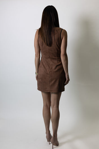 FATE Decorative Bow Detail Faux Suede Mini Dress in Light Brown