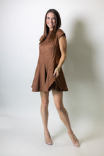 Load image into Gallery viewer, FATE High Neckline Cap Sleeve Fit And Flare Faux Suede Dress in Brown
