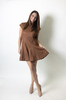 FATE High Neckline Cap Sleeve Fit And Flare Faux Suede Dress in Brown