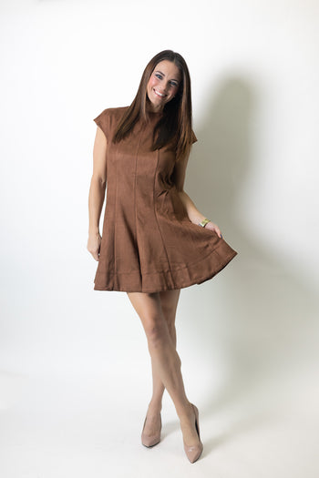 FATE High Neckline Cap Sleeve Fit And Flare Faux Suede Dress in Brown