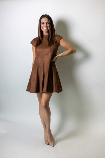 FATE High Neckline Cap Sleeve Fit And Flare Faux Suede Dress in Brown