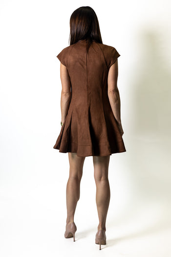 FATE High Neckline Cap Sleeve Fit And Flare Faux Suede Dress in Brown