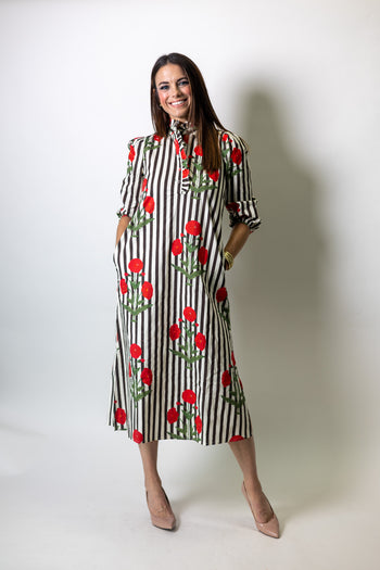 TCEC Contrasting Vertical Stripe and Floral Print Maxi Dress in Brown