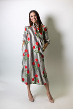 Load image into Gallery viewer, TCEC Contrasting Vertical Stripe and Floral Print Maxi Dress in Brown

