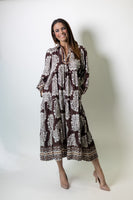 Umgee Paisley Print Tiered Midi Dress in Chocolate