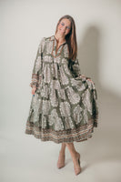 Umgee Paisley Print Tiered Midi Dress in Olive