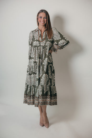 Umgee Paisley Print Tiered Midi Dress in Olive