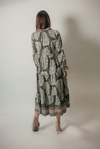 Umgee Paisley Print Tiered Midi Dress in Olive