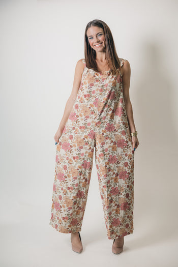 So Me Floral Cotton Twill Overalls in Cream Multi