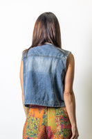 BiBi Washed Denim Vest with Contrasting Ruffle Detail in Washed Denim