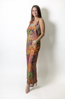 Easel Vibrant Signature Prints Enzyme Washed Patchwork Overalls in Lime Rose