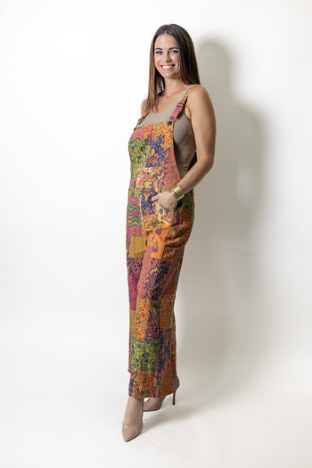 Easel Vibrant Signature Prints Enzyme Washed Patchwork Overalls in Lime Rose