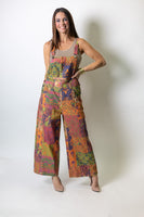 Easel Vibrant Signature Prints Enzyme Washed Patchwork Overalls in Lime Rose