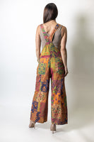 Easel Vibrant Signature Prints Enzyme Washed Patchwork Overalls in Lime Rose