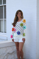 BiBi Perforated Sweater Top with Flower Appliques in Off White
