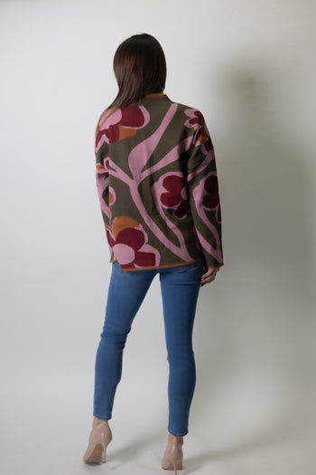 Jodifl Side Slit Hem Floral Pattern Sweater Top in Olive Mix