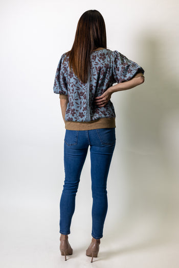 Easel Floral Pattern Washed Top in Dusty Blue