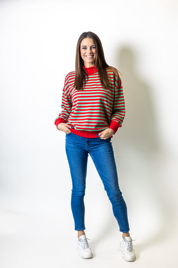 Tres Bien Mock Neck Terry Knit Stripe Cotton Top in Red/Green