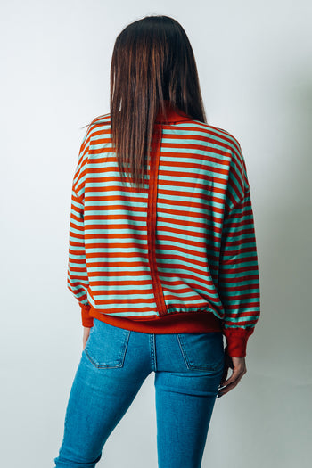 Tres Bien Mock Neck Terry Knit Stripe Cotton Top in Red/Green