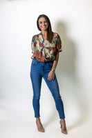Entro Floral Smocked V-Neck Puff Sleeve Top in Teal