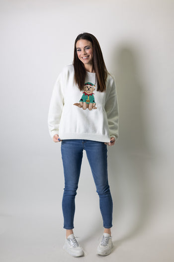 Le Lis Christmas Elf Retriever Graphic Sweater in White