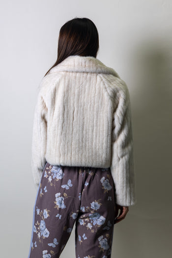 MABLE Faux Fur Collared Crop Jacket in Cream