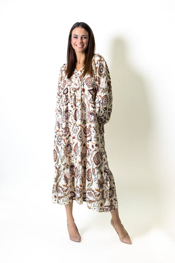 Umgee Floral Print Boho Maxi Dress in Ecru