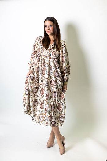 Umgee Floral Print Boho Maxi Dress in Ecru
