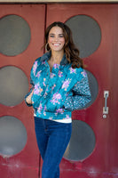 Mystree Mixed Floral Print Puffer Jacket in Emerald