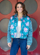 Mystree Mixed Floral Print Puffer Jacket in Emerald