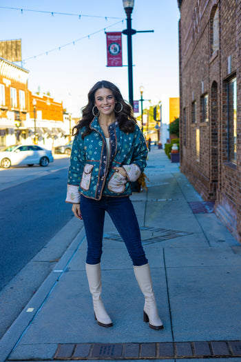 Mystree Mixed Media Quilted Jacket in Emerald Combo