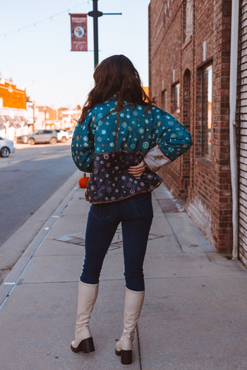 Mystree Mixed Media Quilted Jacket in Emerald Combo