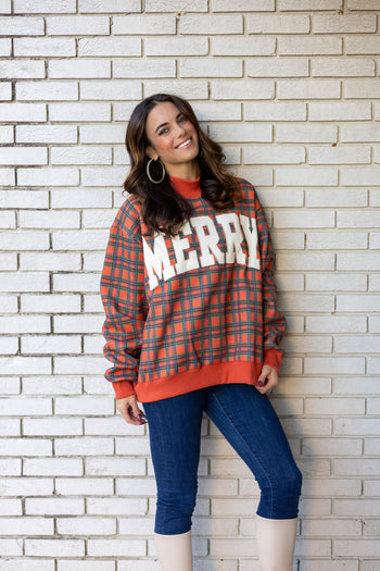 BucketList  'Merry' Applique Patch Mock-neck Plaid Sweatshirt in Red and Green Plaid