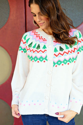 Easel Holiday Knit Sweater Cardigan in Ivory