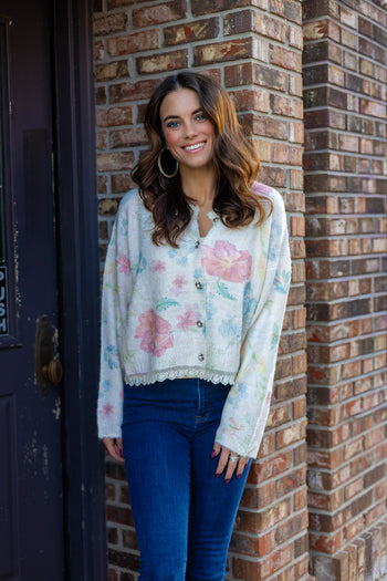 POL Floral Rhinestone Button Knit Cardigan in Cream Multi