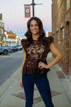 Load image into Gallery viewer, Sew in Love Embroidered Lace Peplum Blouse in Dark Brown
